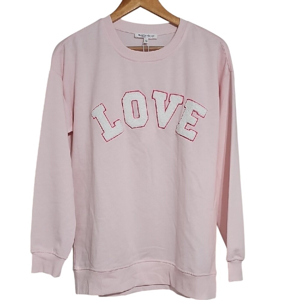 Workshop Pink Sweatshirt White LOVE Chenille Letters Valentine's Day Size S‎ NWT